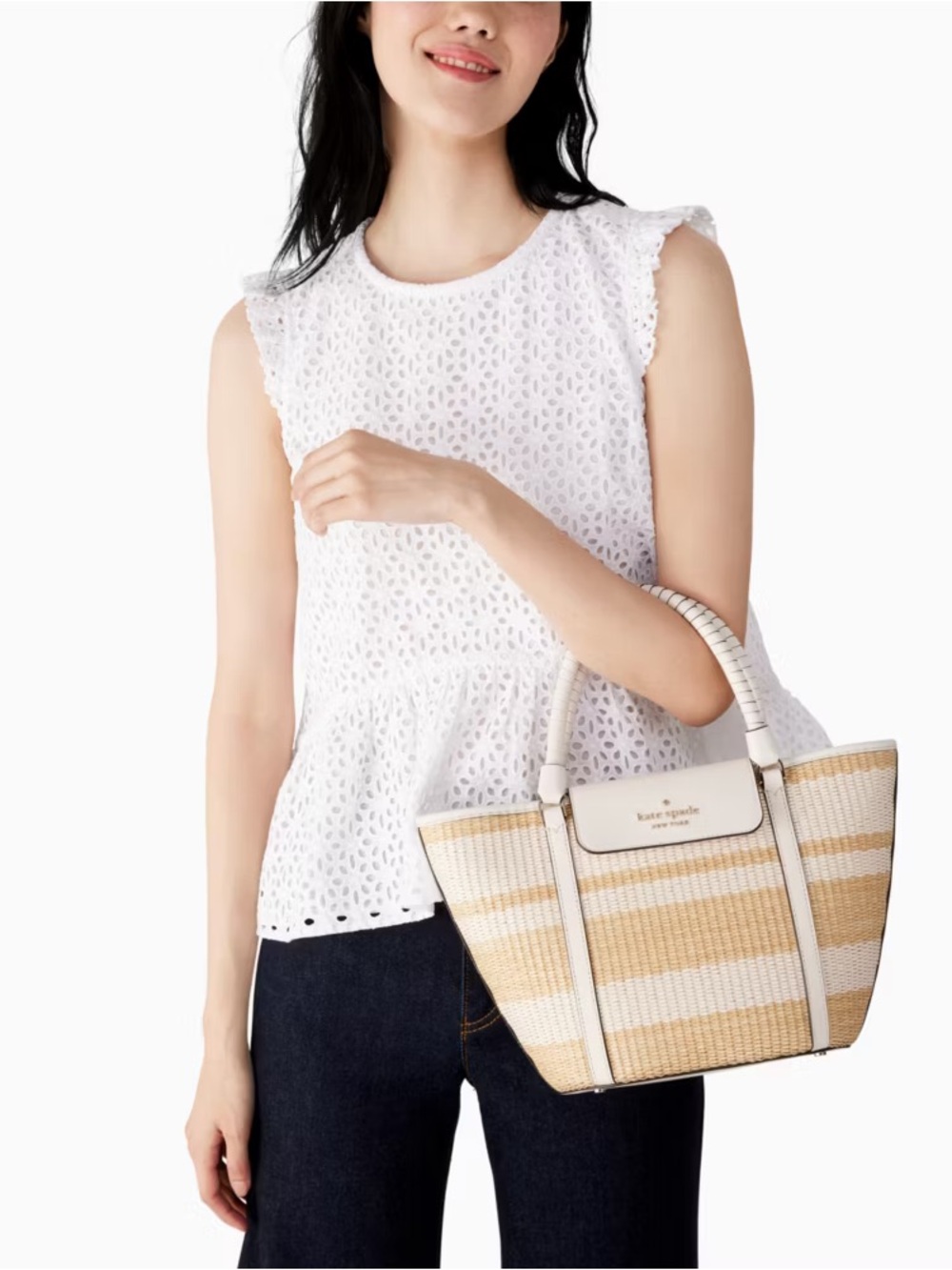 kate spade Cruise Medium Beige & White Striped Woven Tote Bag